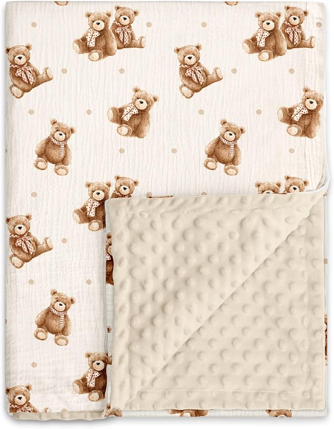 GLLQUEN BABY Blankets for Boys Girls, Soft Muslin Cotton Front Dotted Fleece Backing, Nursery Minky Crib Blanket for Infant Toddler, 30 x 40 inches Throw Blanket, Bears