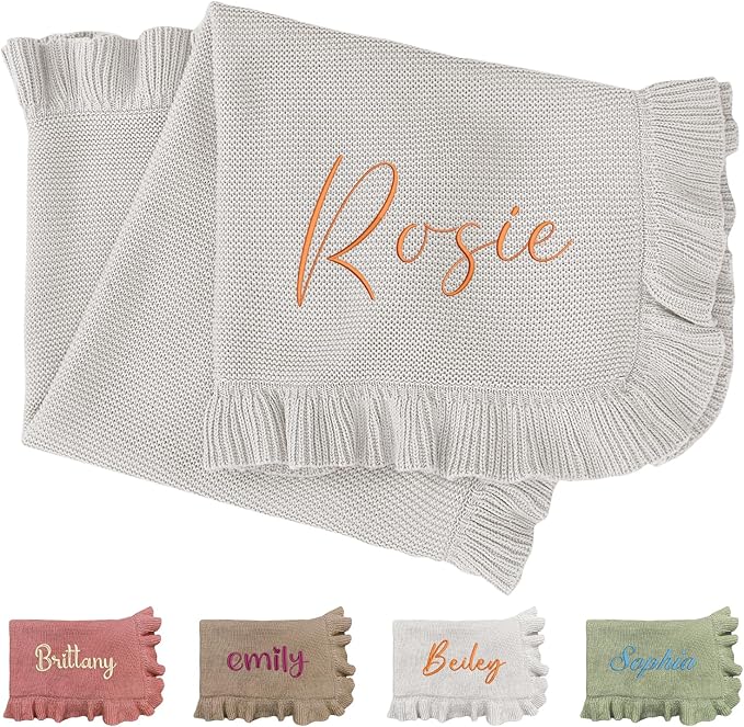 Embroidery Name Knit Baby Blanket, 30x40in Personalized Baby Blanket for Newborn Girl and Boy, Custom Knit Baby Boy Blanket with Embroidery, Newborn Boy Girl Soft Cotton Knit Blanket (White)
