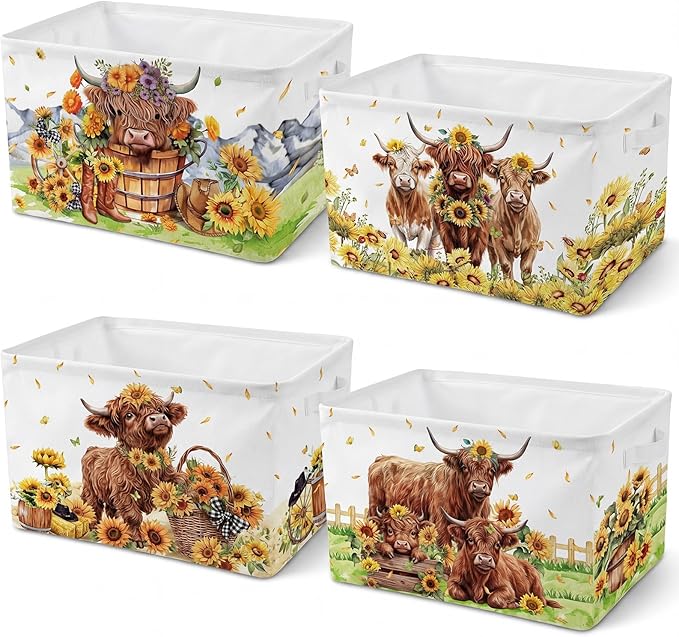 4 Pcs Highland Cow Storage Bin Collapsible Western Cow Themed Fabric Storage Basket with Handle American Country Style Organizer for Home Bathroom Bedrooms Baby Clothes Toys Books