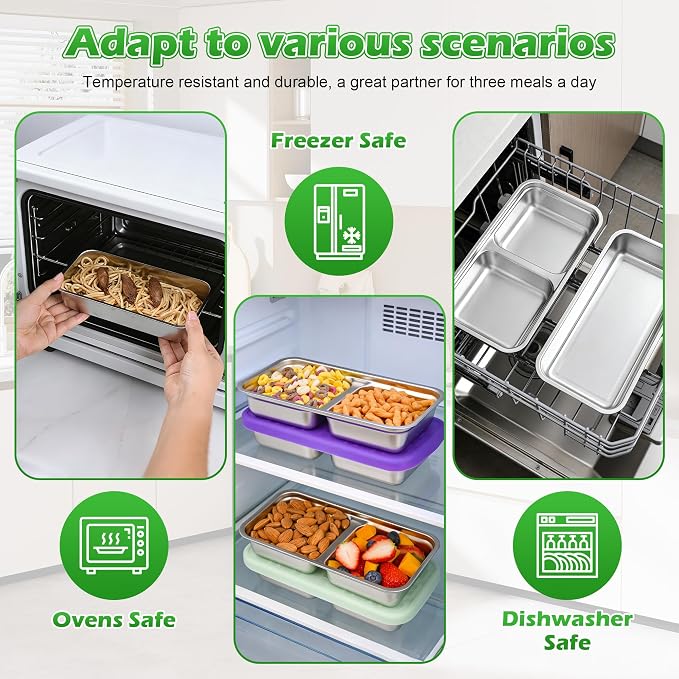 4 Pack 14 oz Stainless Steel Snack Containers, 2 Compartment Leakproof Metal Bento Box with Silicone Lids, Divided Food Storage for Meal Prep, Portion Control, Lunch, Travel, Camping