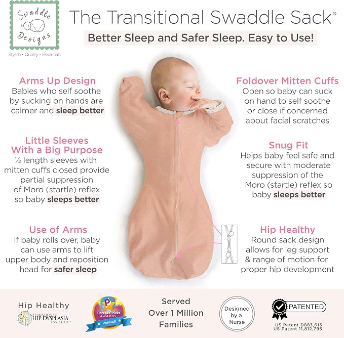 SwaddleDesigns Transitional Swaddle Sack, Arms Up Half-Length Sleeve Mitten Cuff, Most Gradual Transition Swaddle for Newborn