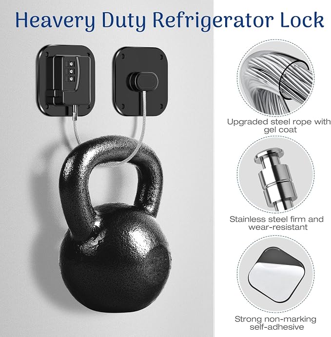 Fridge Refrigerator Lock with Combination, Heavy Duty Lock for Cabinet, Drawers, Closet, Safety Easy Install No Keys Needed (Black-2Pack)