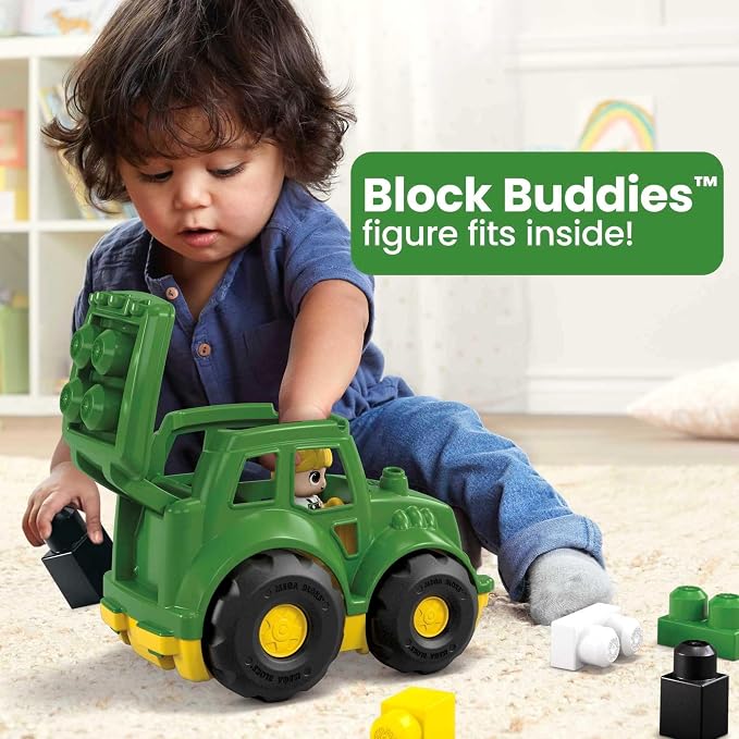 MEGA BLOKS John Deere Toddler Building Blocks Toy Set, Lil’ Tractor with 6 Pieces and Storage, 1 Figure, Green , Ages 1+ Years