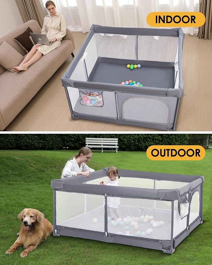 Veraste Foldable Baby Playpen, 51"x51" Indoor & Outdoor Play Yard with Single-Joint Frame, Breathable Mesh, Non-Slip Base, Portable Playpen for Toddlers and Infants (Grey)