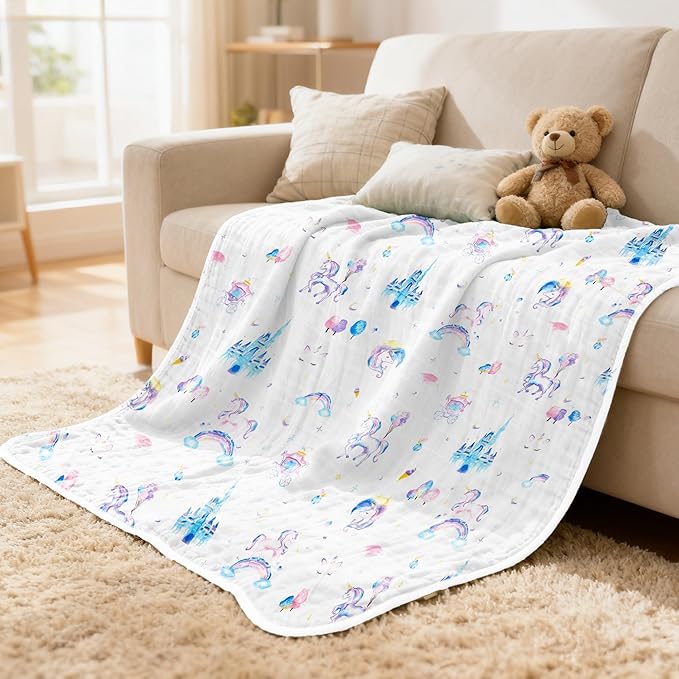 ZPECC Muslin Toddler Blanket Thicker, 47x47 Organic Cotton Kids Quilt Hypoallergenic for Baby Essentials Crib Stroller Daycare Cot, Unicorn