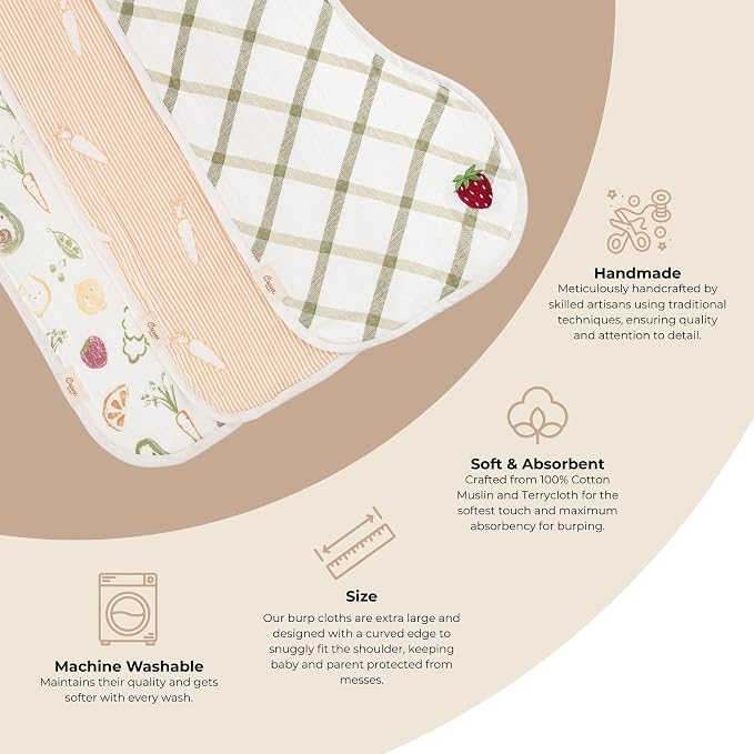 Crane Baby Clementine Cotton Muslin Burp Cloth Set of 3, Fruits & Veggie Print, Baby Boy & Girl Burp Cloths, Absorbent 100% Cotton Muslin & Terry Cloth, Soft Burping Cloths for Newborn