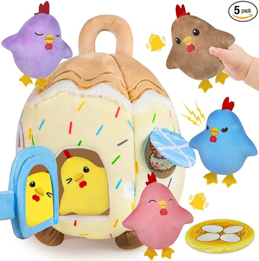 Baby Toys 6-12 Months Toddler Toys 2-3,Stuffed Animals Sensory Toys with 5 Chicks-Rattle,Crinkle Paper,Squeaker,Mirror,Montessori Toys for 1 2 3 Year Old Baby Gifts