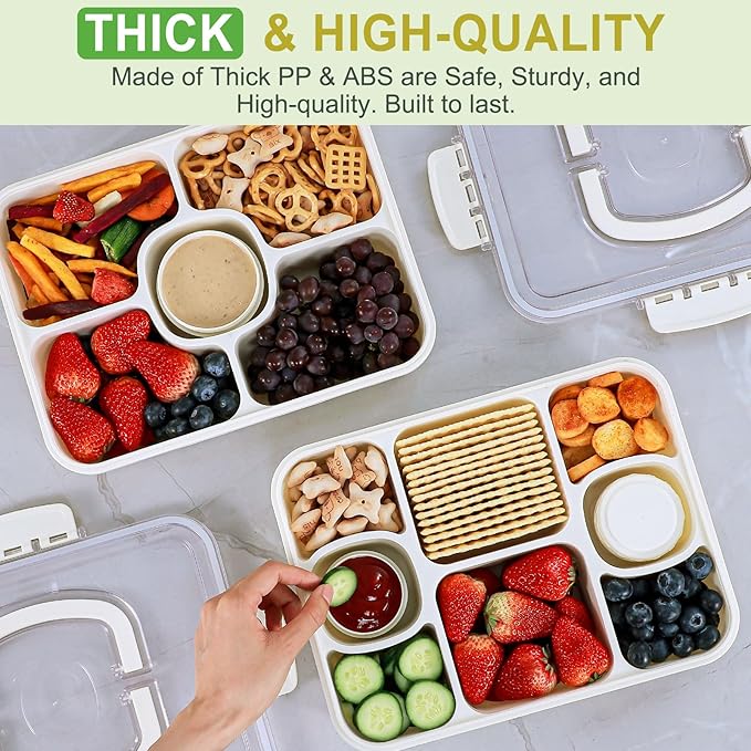 Caperci 2 Pack Snackle Box Container with 2 Sauce Cups - Large 8-Compartment Divided Serving Tray with Lid & Handle, Portable Snack Tray for Travel, Leak-Proof, Dishwasher Safe, BPA-Free (Set of 2)