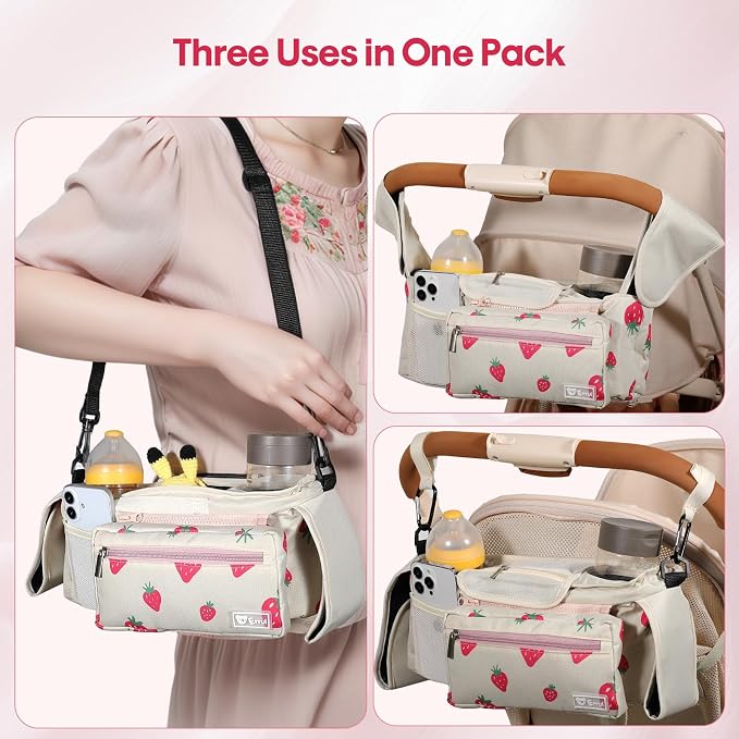 Universal Stroller Organizer with Insulated Cup Holders and Detachable Phone Bag,Stroller Caddy Fits for Stroller Accessories like Uppababy, Baby Jogger, Doona, Nuna Stroller (strawberry)