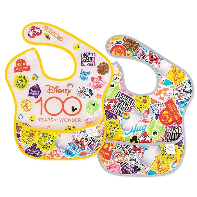 Bumkins Disney Bibs for Girl or Boy, SuperBib Baby and Toddler for 6-24 Months, Essential Must Have for Eating, Feeding, Baby Led Weaning, Mess Saving Catch Food, Fabric, 2-pk 100 Happy Faces