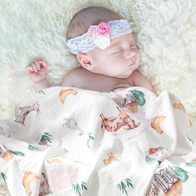 Muslin Swaddle Blankets for Newborn, 4 Pack Large 47"x47" Soft Breathable Bamboo Cotton Baby Blanket, Lightweight Receiving Blanket for Boys and Girls, Farm Life
