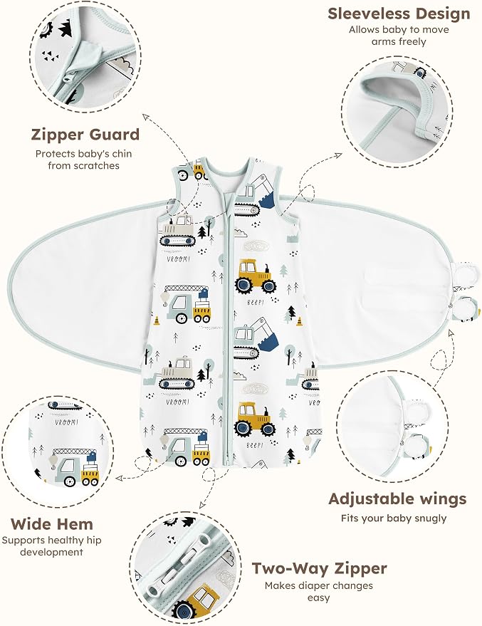 Unnivoll Newborn Sleep Sack Swaddle 100% Cotton Baby Swaddle 0-3 Months, 3-Way Adjustable Wearable Blanket, TOG 0.5, 2 Pack for Baby Boy Girl White Green Excavator