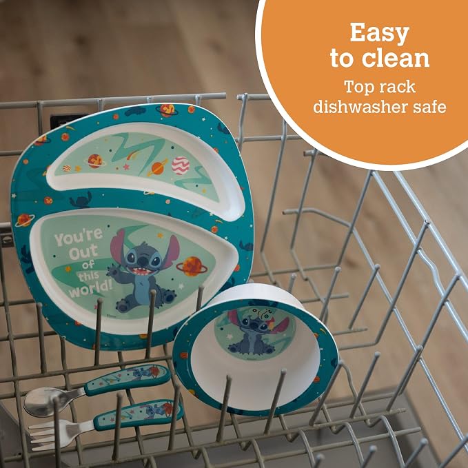 The First Years Disney Stitch Toddler Dinnerware Set - Officially Licensed 4-Piece Feeding Set with Bowl, Plate, Fork, and Spoon - Dishwasher Safe Toddler Feeding Supplies - Ages 9 Months and Up