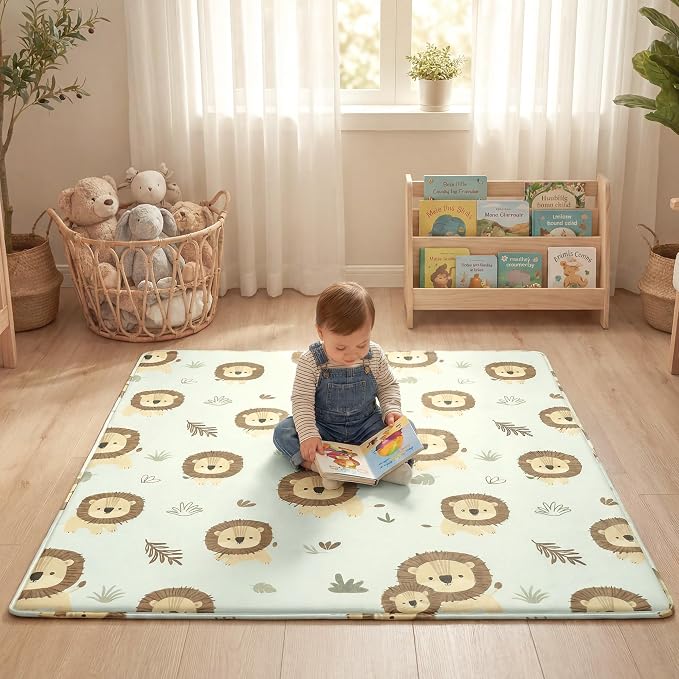 1.5" Thick Premium Baby Floor Play Mat, 71x59 Over-Sized Padded Memory Foam Mat, Tummy Time Crawling Playmat for Nursery Kids Playroom, Lion