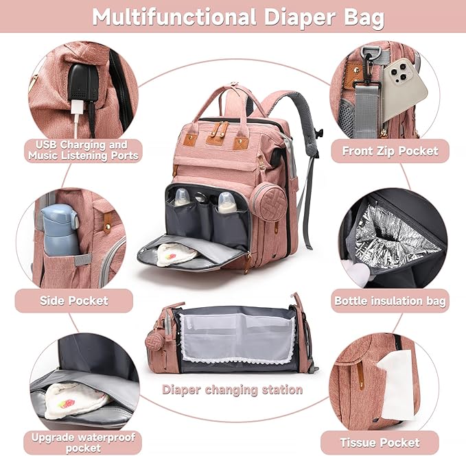 Baby Diaper Bags with Changing Station, Large Capacity Diaper Bag Backpack for Moms Dads with USB Charging Port,Travel Baby Bag with Pacifier Case & Stroller Straps(Up-Pink)