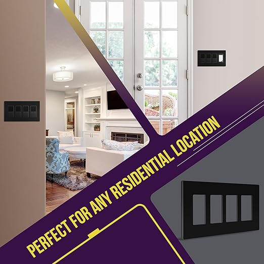 ENERLITES Screwless Decorator Wall Plates Child Safe Outlet Covers, Gloss Finish, Medium Size 4-Gang 4.88" H x 8.58??L, Unbreakable Polycarbonate Thermoplastic, SI8834M-BK, Black