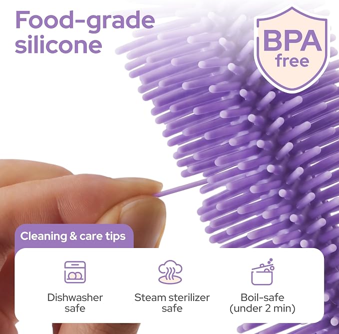 lalalark 7-in-1 Baby Bottle Brush Set, BPA Free Silicone Baby Bottle Cleaning Kit with No Scratch Dual-Headed Brush, Nipple Brushes,Soap Dispenser & Drying Rack,Travel Cleaner with Storage Case,Purple