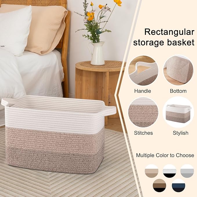 OIAHOMY Cotton Rope Basket, Rectangle Woven Baskets for Storage, Nursery Blanket Storage Living Room, Toy Basket With Handle-17.7?�x13.8?�x11??Gradient Yellow