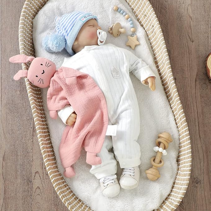 Organic Cotton Bunny Loveys for Babies,Newborn Baby Lovey Security Blanket,Lovies for Babies New Born Baby Unique Neutral Gifts Boys and Girls (Bunny1-Pink)