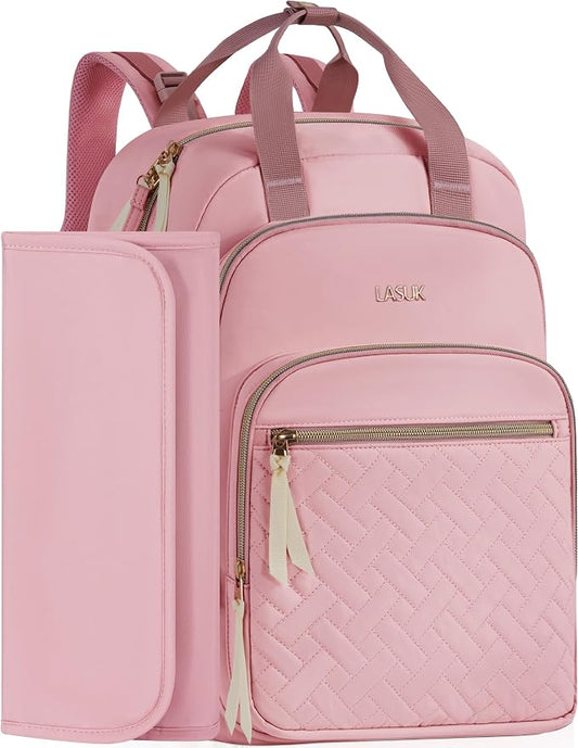 Diaper Bag Backpack, 27L Large Quilted Small Baby Bag with Changing Pad & Pacifier Case, Stroller Hooks, Easy-Access Baby Essential, Maternity Travel Backpack Unisex, Pink