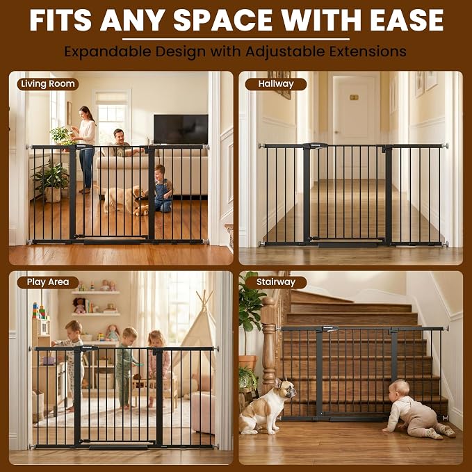 Mumeasy 29.7-57" Extra Wide Baby Gate, Auto Close Large Dog Gate for Doorways, No Drilling Pressure Mounted Pet Safety Gate for Stairs, Easy Walk Through Child Gate for Hallways, House, Indoor, Black