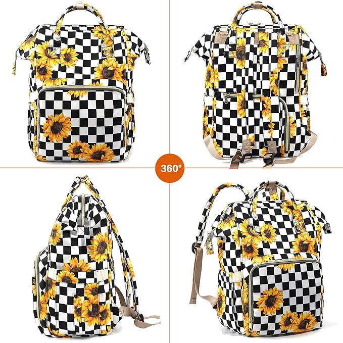 LIMHOO 3 in 1 Diaper Bag Backpack, Multifunction Large Baby Bags with Changing Pad & Stroller Straps, Waterproof Nappy Bag for Mom Baby Care (Checkered Sunflower)