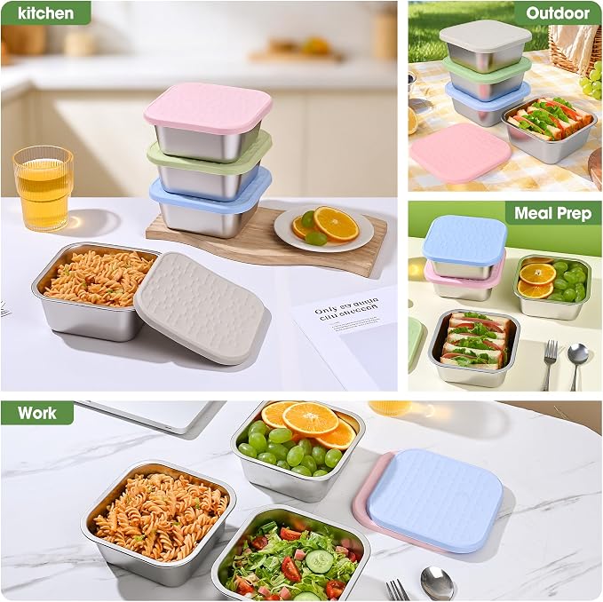2 Pack Stainless Steel Sandwich Containers with Leakproof Silicone Lids, 32 oz Reusable Metal Lunch Boxes, BPA-Free Food Storage Containers for Meal Prep, Dishwasher Safe for Work & Travel