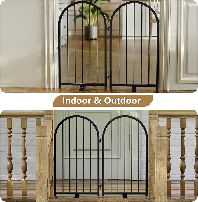 PUPETPO Full Metal Dog Gate for Indoor Outdoor, 32" Tall Free Standing Pet Dog Fence, 36" Wide Arched Pet Gates for Stairs, Hallways, Doorways, Kitchen, Decks, Yards (Black, 2 Panels)