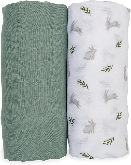 Lulujo Baby Swaddle Blankets | Unisex Softest Breathable Cotton Muslin Swaddle Blanket Set | Neutral Receiving Blanket for Girls & Boys | 40in x 40in | Bunnies& Fern | 2-Count