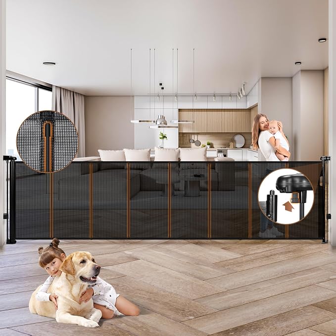 276" Retractable Baby Gate Extra Wide, 52" Tall Retractable Dog Gate for Stairs, Doorways, Decks, Mesh Gate Long Child Gate Pet Gate for Indoor, Outdoor, with Reinforced Mesh Rods, Dual Locks (Black)