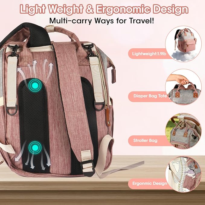 MosaiRudo Diaper Bag Backpack Baby Bag,Waterproof, Travel Diaper Bags with Pacifier Case for Baby Girl Boy Backpack for Women (Pink-Gray)
