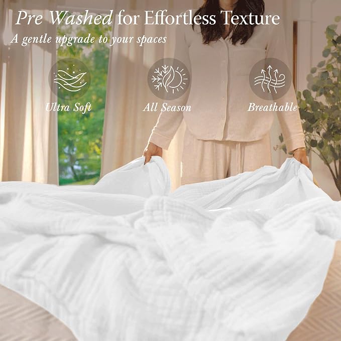 Threadmill Summer Muslin King Size Blanket | 4 Layer 100% Cotton Gauze Blanket | Pre Washed, Lightweight, Soft, and Breathable Muslin Throw Blanket for All Seasons | White