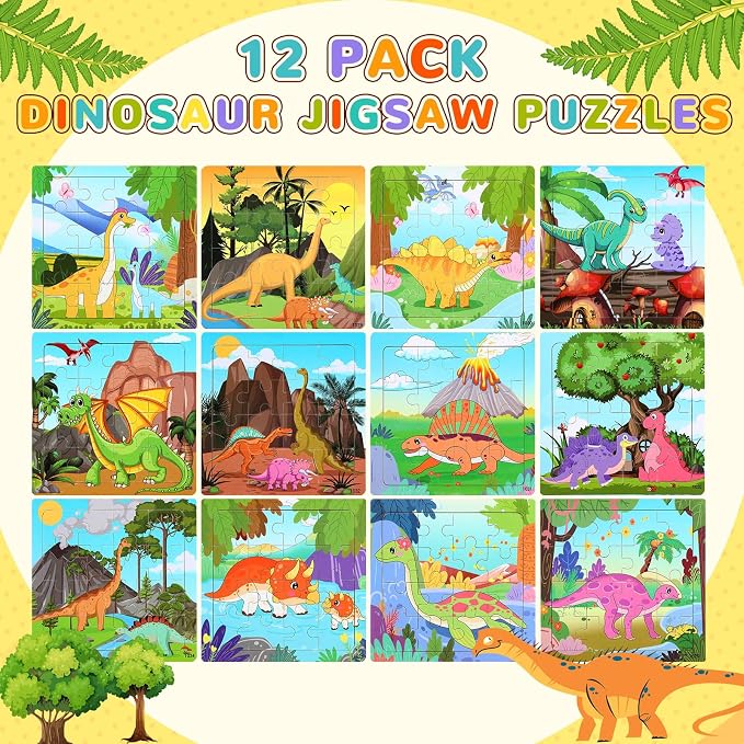 SANNIX Dinosaur Wooden Puzzles with 12 Storage Bags, Dinosaurs, Animals, Puzzles for 3 4 5 Year Old Kids, Party Gifts, Travel Toys for Boys and Girls