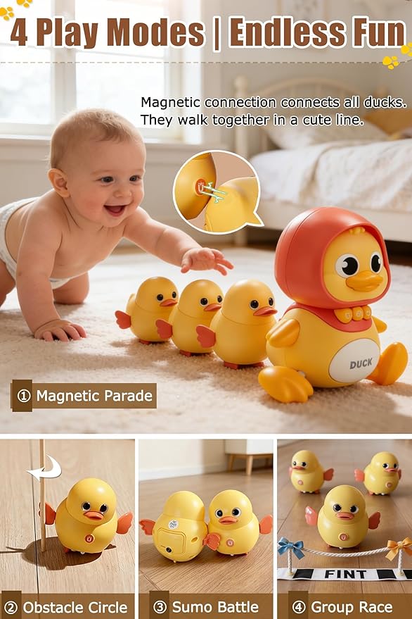 JUYEE Baby Crawling Toys Set of 3 - Magnetic Ducks Family for Infants 6-9-12 Months, Tummy Time Toys with Music & Lights, 1st Birthday Gift for Boys and Girls(3-Pack)