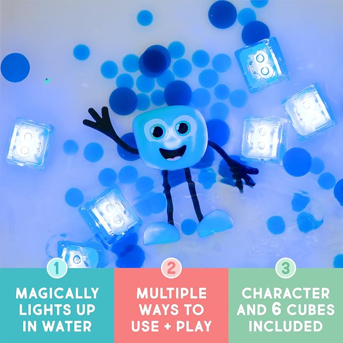 Glo Pals Water-Activated Light-Up Sensory Bath Toy Character and 6 Cubes for Bathtime and Sensory Play, Blair, Glows Blue