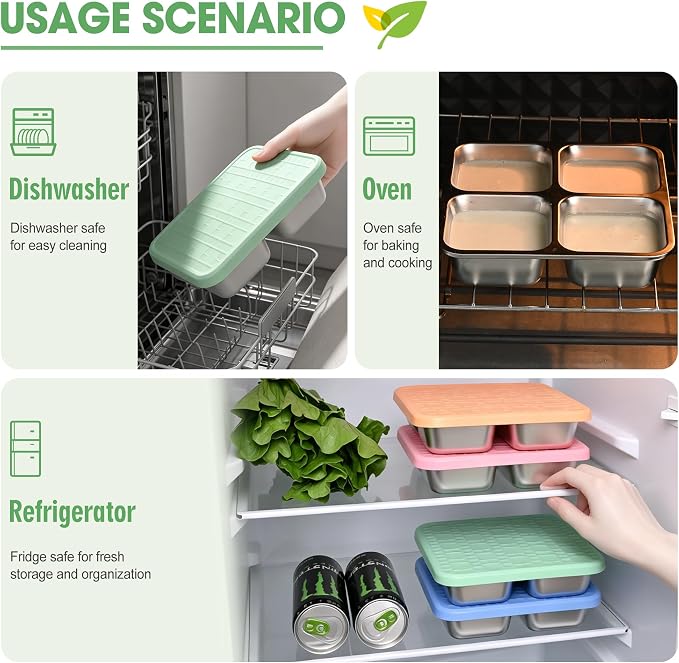 4 Pack Stainless Steel Snack Containers with Silicone Lids, Leakproof Bento Snack Boxes, Reusable 4 Compartment Metal Lunch Containers, Dishwasher Safe Food Storage for Meal Prep, Work & Travel