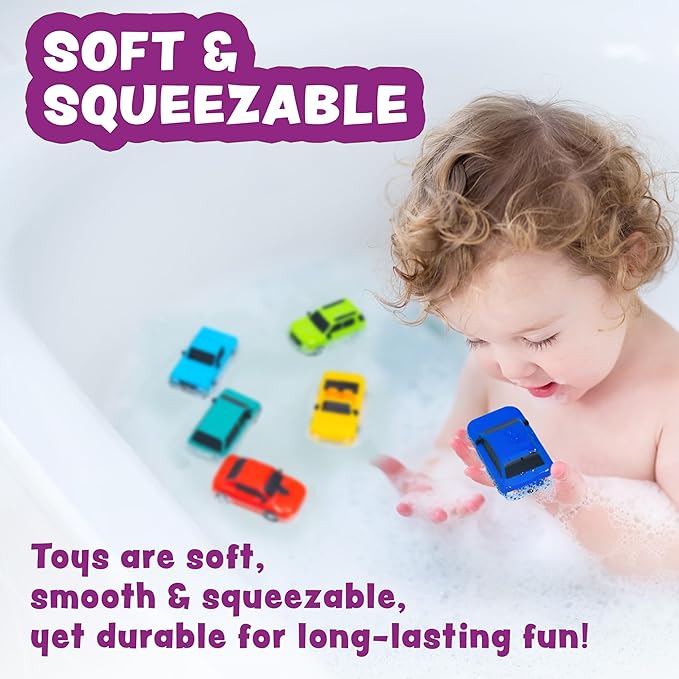Tub Works® Everyday Cars??Watertight Baby Bath Toys, 6 Pack | Sealed, No Hole Bath Toys Design Keeps Moisture Out | Soft, Squeezable & Floating Fun | Infant, Baby & Toddler Bath Toys | Car Tub Toys