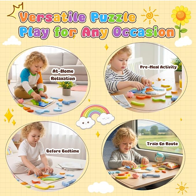 Montessori Wooden Shape Puzzles - Color Matching & Cognition Fun for Kids Over 3 Years Old, with Rainbow Blocks & Themes, Fine Motor Skill Building Toys & Gifts (3 Pack Colorful)