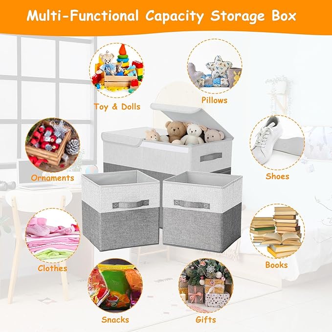 3 Pack Large Storage Bins Set 23" Toy Chest Storage with Lids and 11" Cubes Organizer Bins for Kids Bedroom Closet Shelf Organizer for Clothes Blankets Nursery Playroom(Grey White)