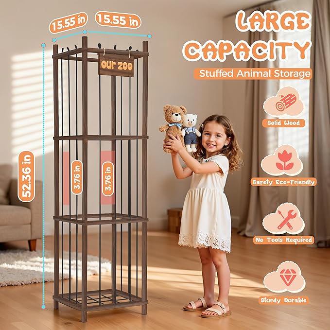 LAMU Stuffed Animal Storage, Wooden Zoo Stuffed Animal Holder with Elastic Cords, Space Save Toy Organizer, Extra Large Capacit Stuffed Animal Organizer for Playroom, Bedroom, Nursery,Brown