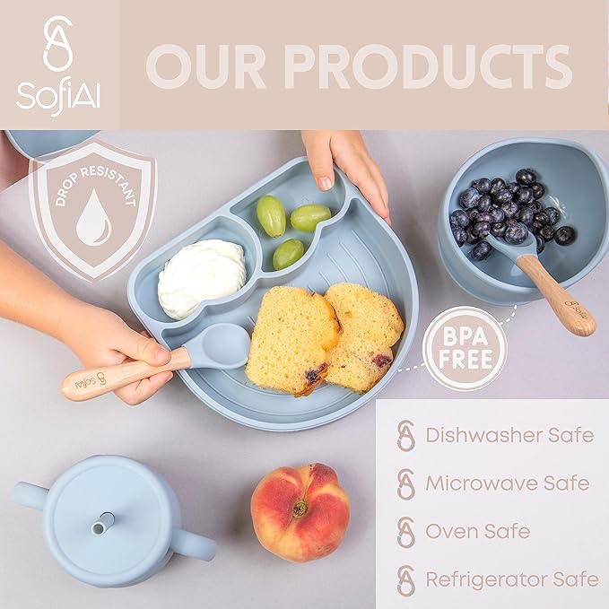 BPA-Free Non-Toxic Silicone Baby Feeding Set ??Suction Plate, Bowl, Bib & Cup ??11-Piece Baby Led Weaning Set for Ages 6-18 Months ??Eco Gift Bag (Dusty Blue)