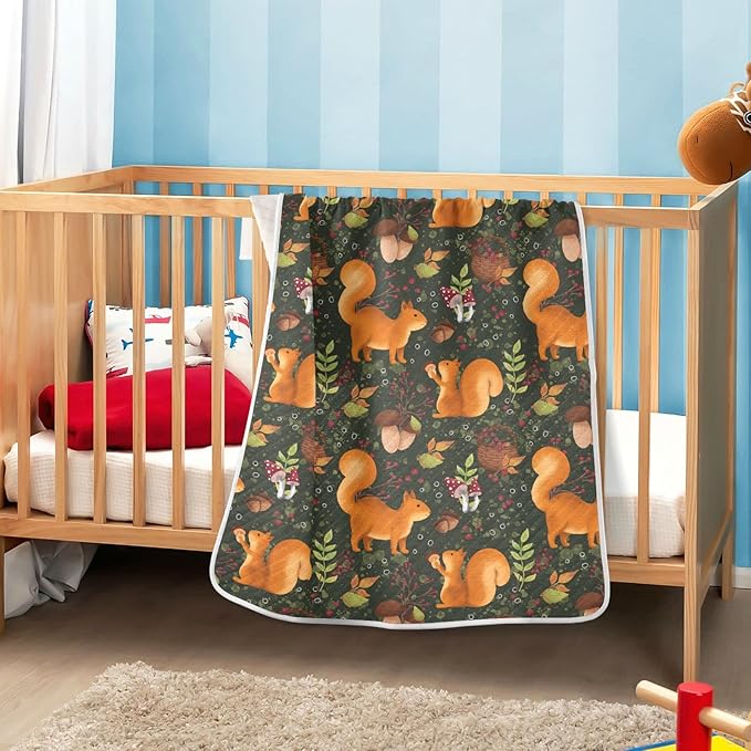 Ollabaky Mushroom Squirrel Baby Blanket for Boys Girls Cotton Throw Blanket Swaddle Blanket for Crib Stroller Nursery Receiving Blanket Infant Toddler Unisex 30"x40"