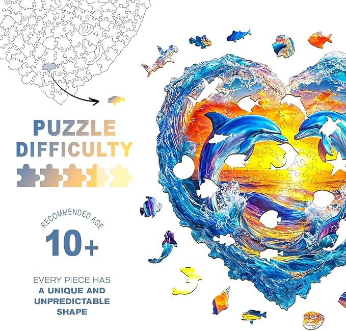 Wooden Puzzles for Adults - Heartfelt Dolphins Wooden Jigsaw Puzzle, Unique Animal Shaped Wood Puzzles Adult, Christmas Birthday Gifts for Friends/Family, Home Decor 11.4 * 11.1in 180pcs