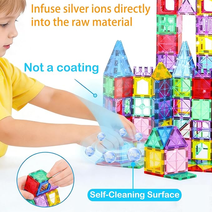 Antibacterial Magnetic Tiles 58PCS, STEM Toy for Kids Aged 3+ | Bacteria resistant, Safer play, EPA-registered, Fits other brands, ABS plastic, Montessori toy, Daycare, Classroom gift