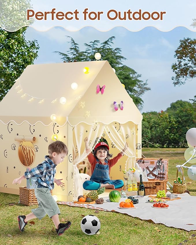 Kids Play Tent, Princess Tent Indoor Playhouse Set with Star Lights, Ball Lights, Colorful Flags, Butterflies - Large Tents for Kids Toddle Castle for Girls Toy House Gift