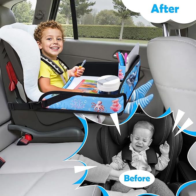Kids Travel Tray for Toddler Carseat, Road Trip Activities Essentials for Toddler, Kids Lap Desk Tray with Tablet Holder Stand ï¼?Dry Erase Board (Whale)