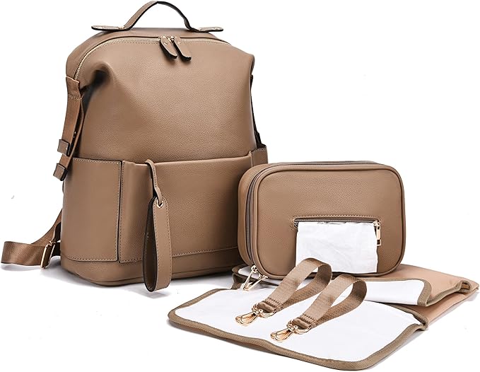 Diaper Bag Backpack Leather Backpack for Women Travel Dad Mother Outdoor Backpack with Changing Pad Stroller Straps(2 pieces) Khaki