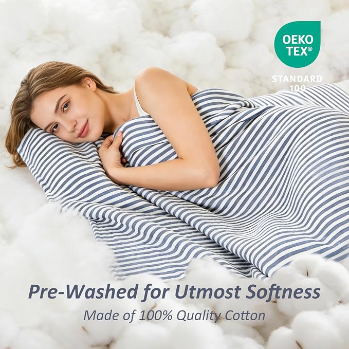 EMME Cotton Muslin Queen Blanket Bed Layering Bedspread Coverlet Breathable Gauze Soft Lightweight Adults (Striped Navy, 90"x90")
