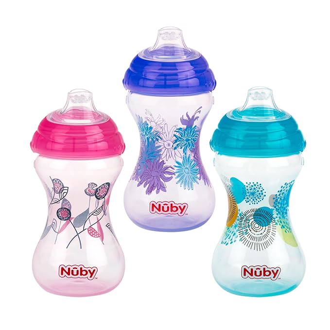 Nuby Clik-It No-Spill Baby Sippy Cup with Soft Spout - (3 Pack) 10 oz - 6+ Months - Pink/Purple/Aqua