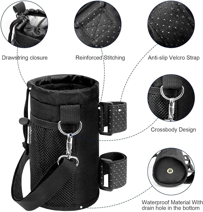 Cup Holder for Bike, Wheelchair and Scooter, Water Bottle Holder for Bicycle, Walker, Stroller, Utv, ATV eBike and Beach, Universal Drink Holder Accessories with Strap and Net Pocket - Black